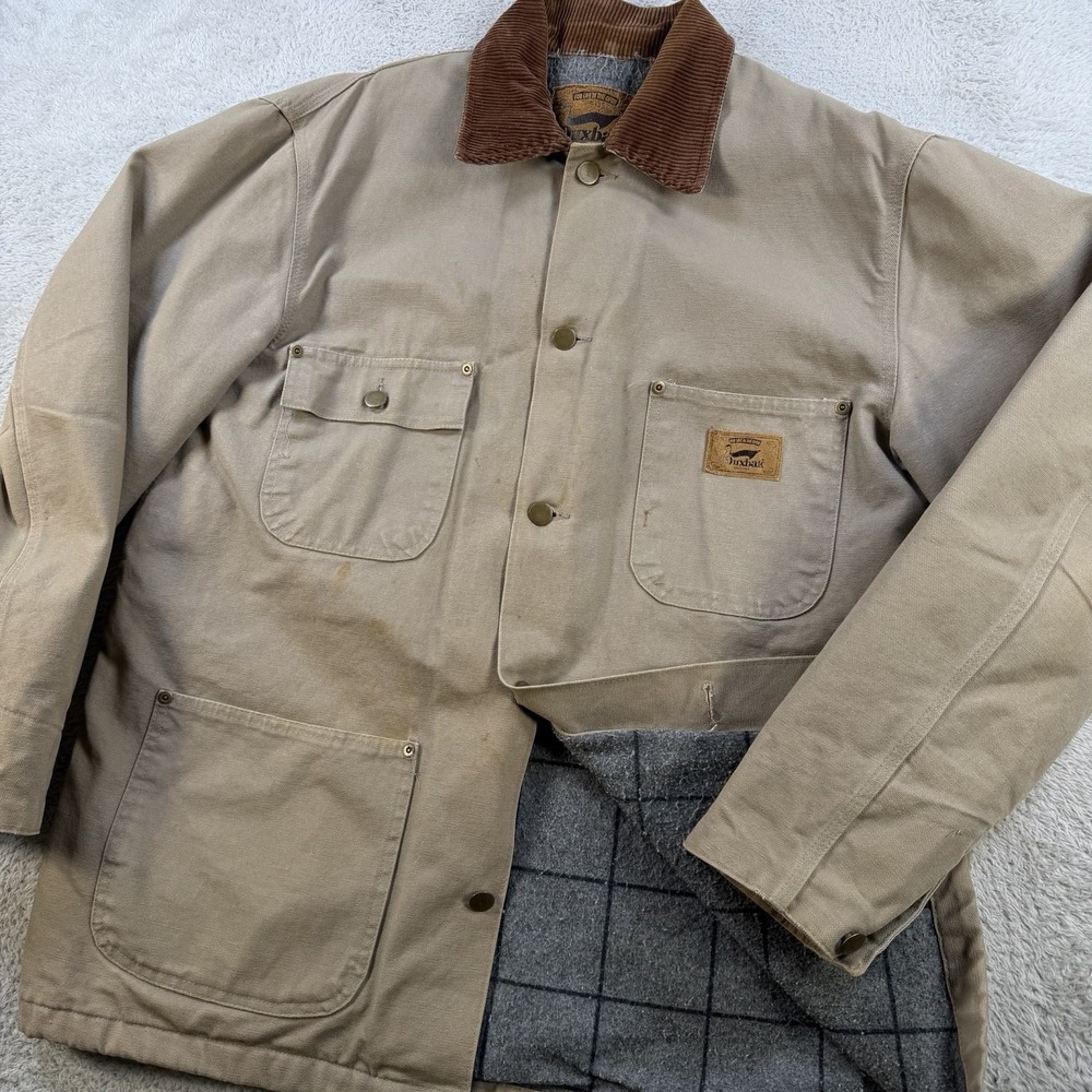 Vintage Duxbak Jacket Mens Medium Khaki Blanket Lined Chore Coat Corduroy Collar